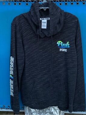 PINK Victoria's Secret Black Hooded Pullover with Blue-Green Gradient Logo